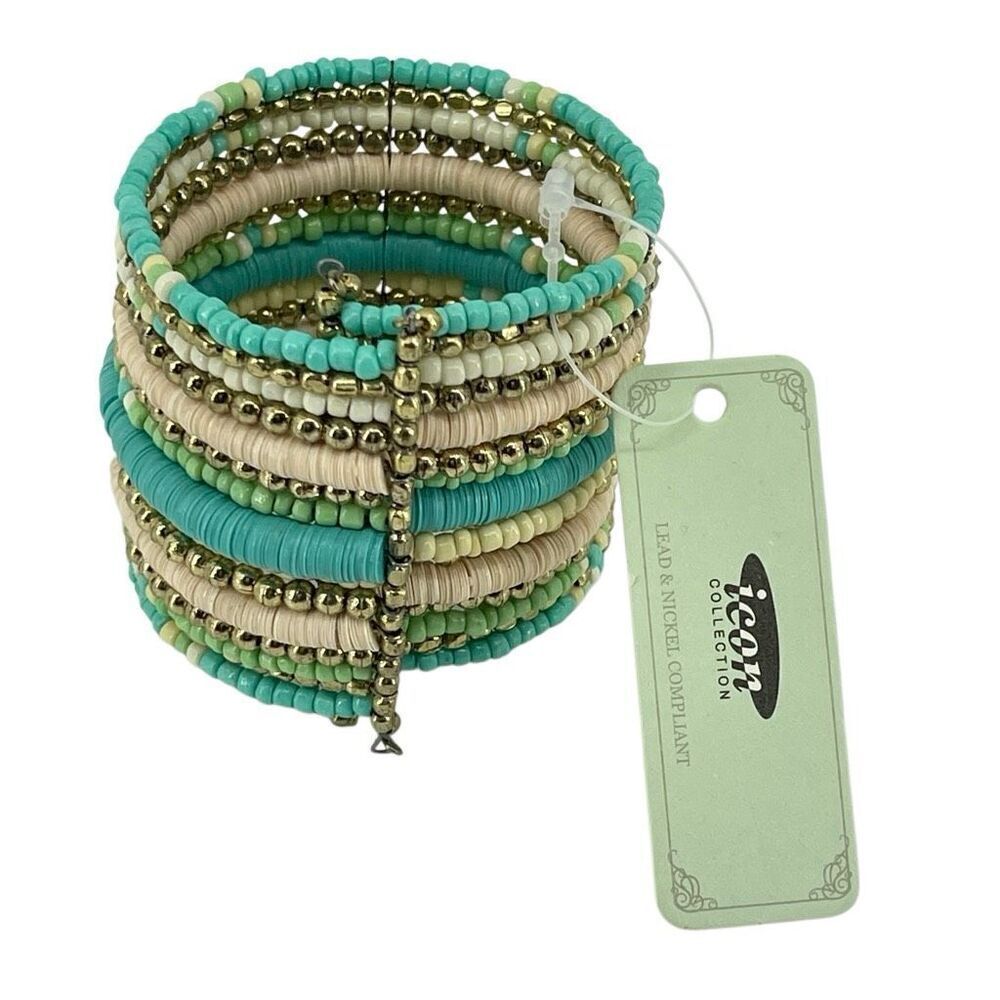 Icon Collection Boho Teal Cream Heishi Bead Multi-Layer Wrap Cuff Bracelet NWT